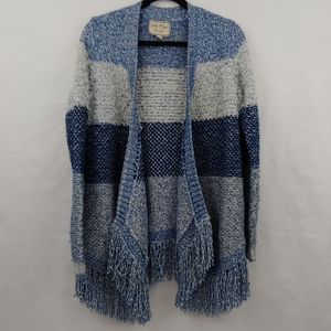 Lucky Brand Cardigan Open Fringe Blue White Size M